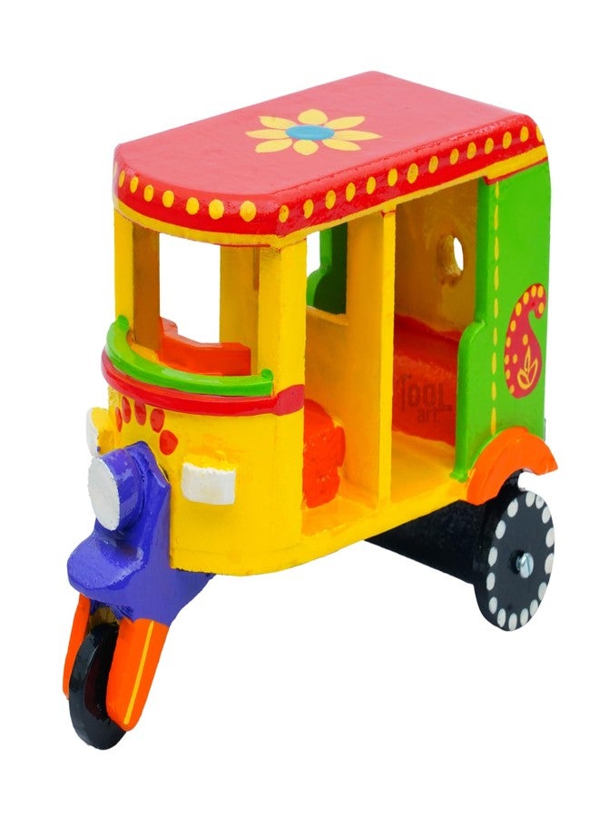 Toolart® Wooden Handcrafted Hand-Painted Auto Rickshaw Toy for Kids | Traditional Push & Pull Wooden Toy Showpiece | Best Birthday Return Gift (Small_Auto_Parent) (02r) - Image 1